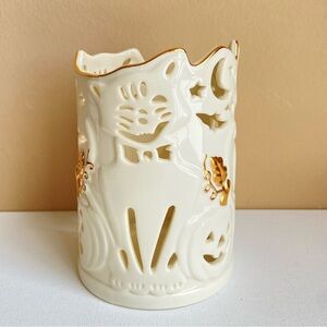 Lenox Pierced Black Cat Votive candleholder Halloween gold trim pumpkins bats